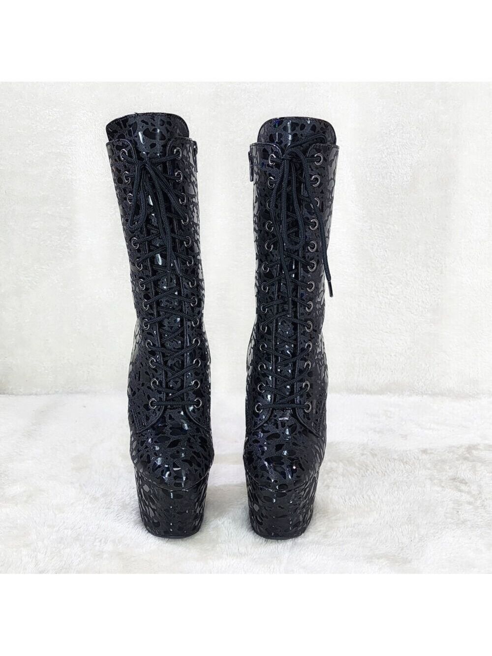 NIB Adore 1040 Black Leopard Hologram 7" High Heel Platform Mid Calf Ankle Boots - Picture 6 of 10